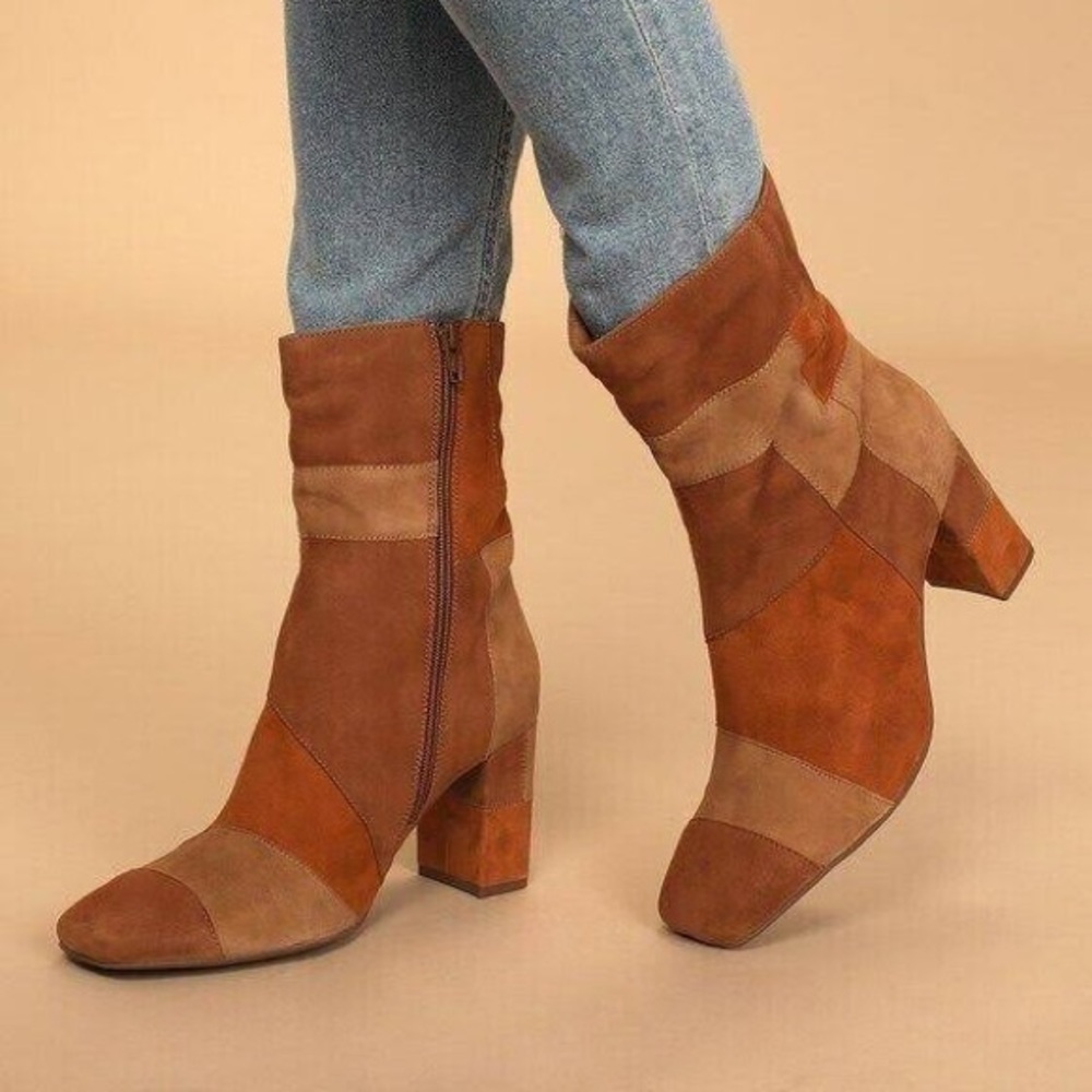Seychelles Hometown Patchwork Ankle Booties in Brown Leather Suede W/ Block Heel